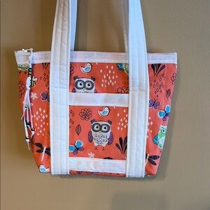 Owl Print Tote Bag - Coral and White